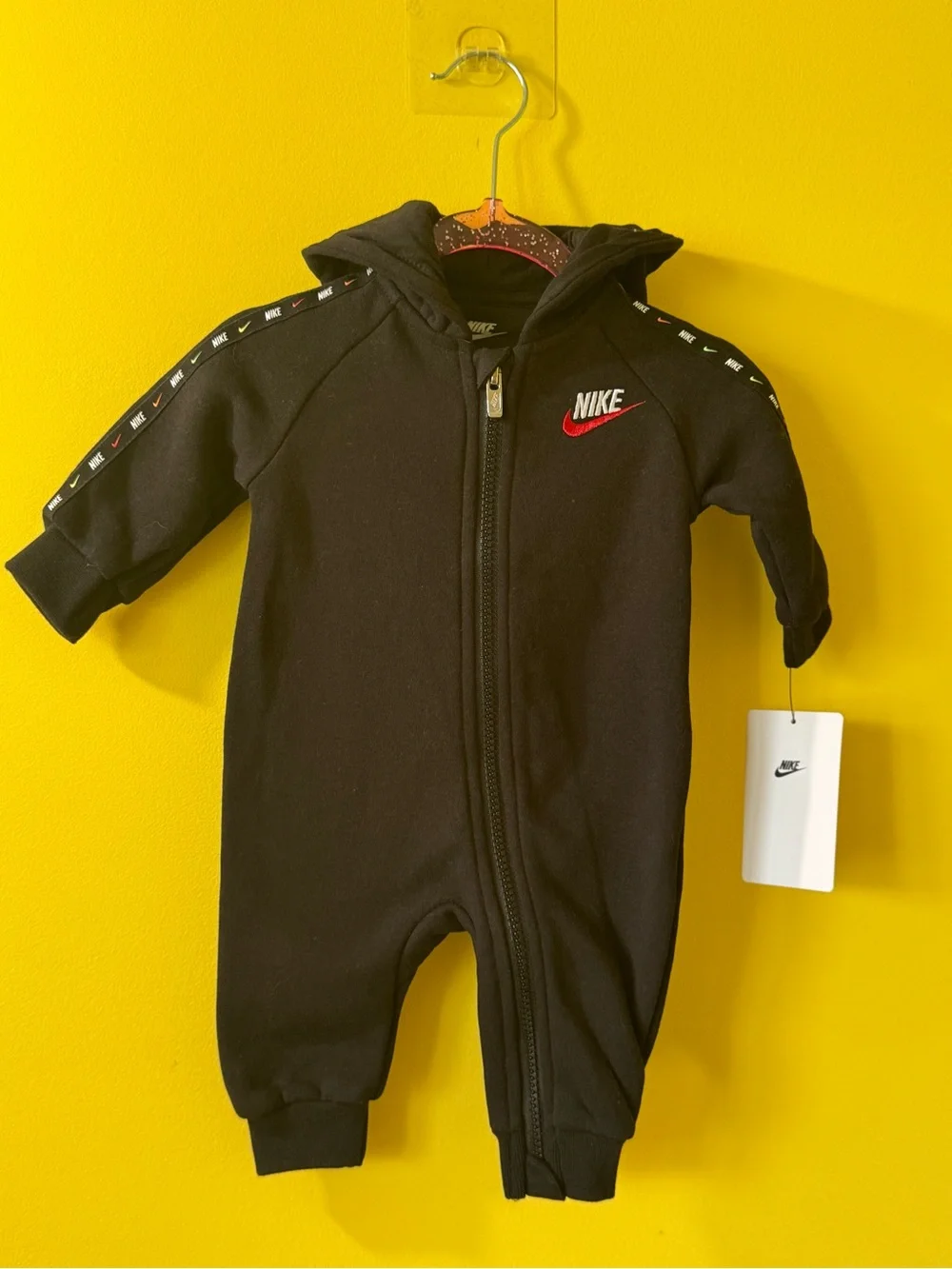 +NWT Nike Hooded Fleece Coverall Pram Black Red Swoosh Baby 3M